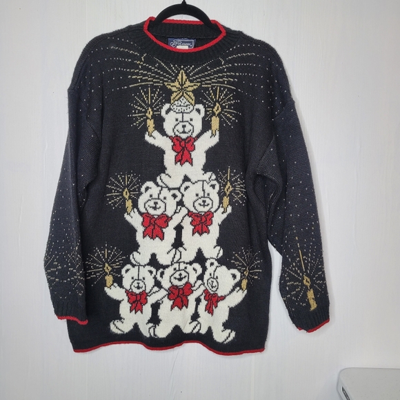 Vintage JJ Browne Christmas Holiday Black Gold Sweater Teddy Bears Size Large - Picture 4 of 13